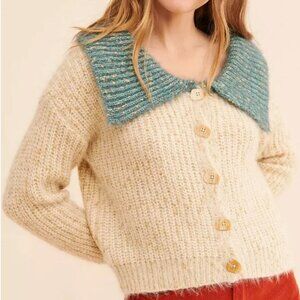 Anthropologie Beige and Teal Button-Up Cardigan